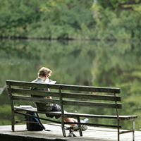Student reading on a bench on the Lake Matoaka pier