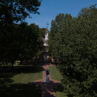 Aerial view of historic campus with Lord Botetourt statue and Wren Building