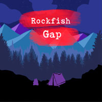 Blue graphic of mountains and trees with red Rockfish Gap words