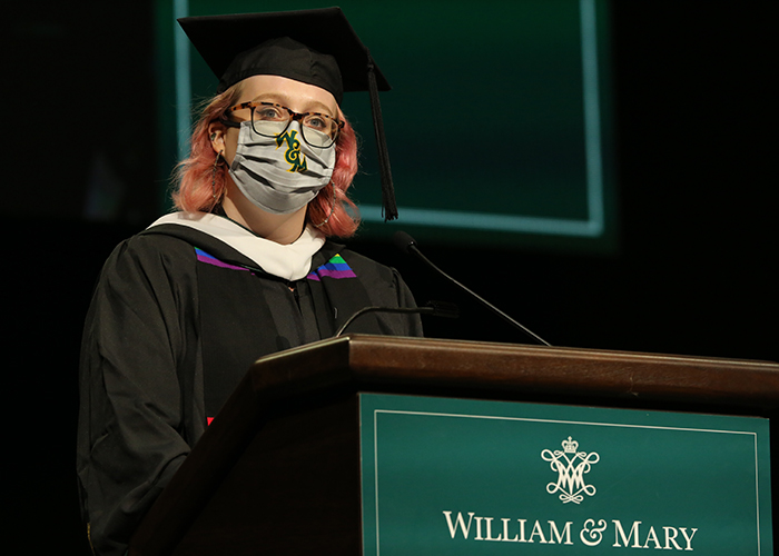 Student speaker Kathryn "Kate" Donati '20 traveled from New York City, where she teaches high school English, to address her classmates during Sunday's ceremonies. (Photo by Stephen Salpukas)