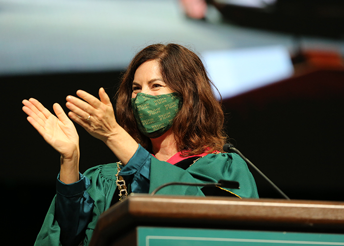 W&M President Katherine A. Rowe congratulated the graduates from the podium. (Photo by Stephen Salpukas)