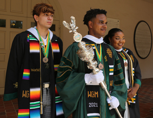 The outgoing Student Assembly executive branch, including (left to right) Vice President Kyle Vasquez '21, President Anthony "AJ" Joseph '21 and Chief of Staff Loni Wright '21, prepares to lead students across campus. (Photo by Stephen Salpukas)