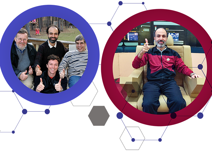 W&M Professor Emeritus Bruce Grant, Mohamed Noor ’92, Jerry Coyne ’71 and Daniel Ortiz-Barrientos, Noor’s first Ph.D. student, give Noor’s signature thumbs up. (Courtesy photos)