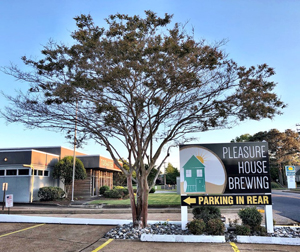 A sign for Pleasure House Brewing with an arrow