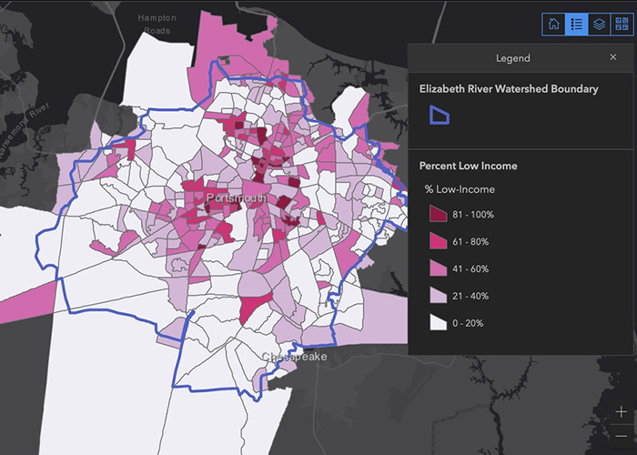  The new online tool uses social and environmental data sets to allow for holistic consideration of socio-environmental settings within the Elizabeth River watershed. (ERP EJ Tool)