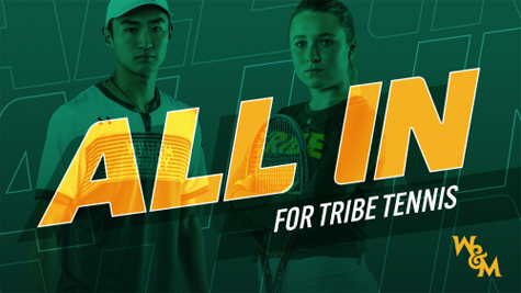 A graphic that shows two people in the background and the words All in for Tribe Tennis
