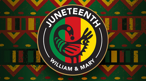 A graphic with red, black and yellow designs and a round logo in the middle that says Juneteenth William & 玛丽