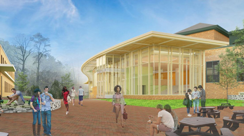 An artist's rendering shows a building with large windows next to a brick pathway