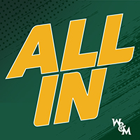 A graphic that says All In in gold type against a green background