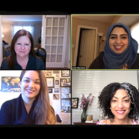 A screenshot from a Zoom call showing four people in individual boxes on the screen