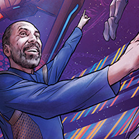 Illustration of Mohamed Noor in space wearing a Star Trek style uniform