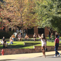 Students socializing outside Sadler Center