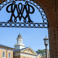 View through cypher in iron gate to building cupula 