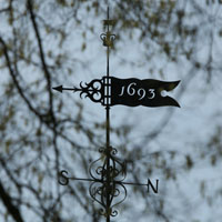 Closeup of weathervan atop Wren Building viewed through bare branches.
