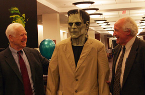 Fuchs (l) and Tiefel (r) pose with Frankenstein’s monster at Swem Library. By David Williard. Fuchs (l) and Tiefel (r) pose with Frankenstein’s monster at Swem Library. By David Williard.