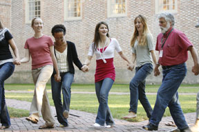 Members of the College community dance to the Middle Eastern Music Ensemble during Family Weekend. By Stephen Salpukas.