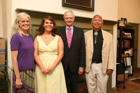 (Left to Right) Frances Broaddus-Crutchfield, Morgan Faulkner, W. Taylor Reveley III and Ken Adams (Chief of the Upper Mattaponi Tribe) assemble in the Brafferton Building at the College of William and 玛丽 on June 10, 2008. By Stephen Salpukas.