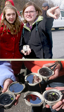 JoBeth Carbaugh '09 points out a distant dip in the land as she shows Katie Ridgeway '11 some of the finer points of the use of the Brunton Pocket Transit (bottom).