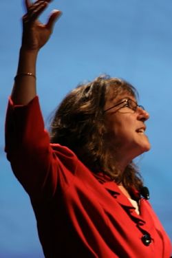 Professor Deborah Steinberg makes a point during her Tack Faculty Lecture. Photo by Stephen Salpukas.