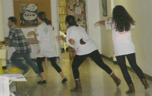 Zombies chase a student through the Campus Center.