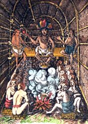 Chief Powhatan at Werowocomoco, as depicted by Captain John Smith in 1608. Image courtesy Granger Collection.