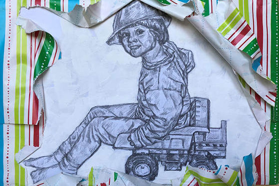 "Christmas morning," acrylic and graphite on board with wrapping paper (Photo courtesy of Norah Peterson)
