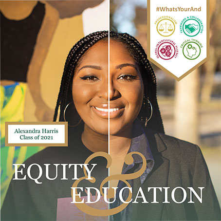 A student with the word pairing "Equity & Education" overlaid.