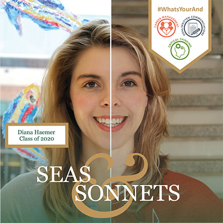 A student with the word pairing "Seas & Sonnets" overlaid.
