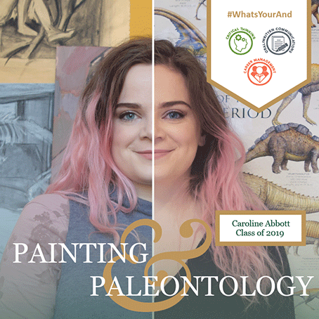A student with the word pairing "Painting & Paleontology" overlaid.