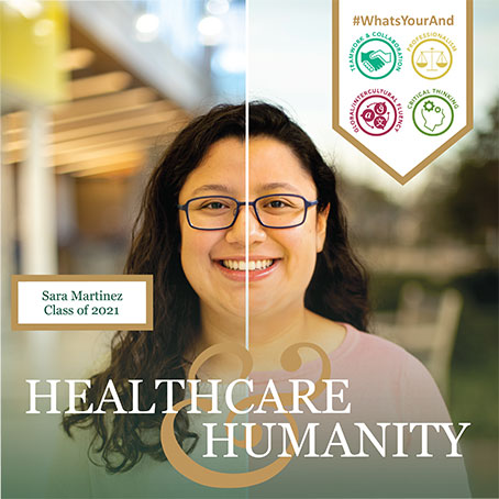A student with the word pairing "Healthcare & Humanity" overlaid.