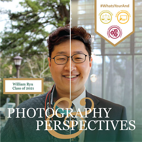 A student with the word pairing "Photography & Perspective" overlaid.