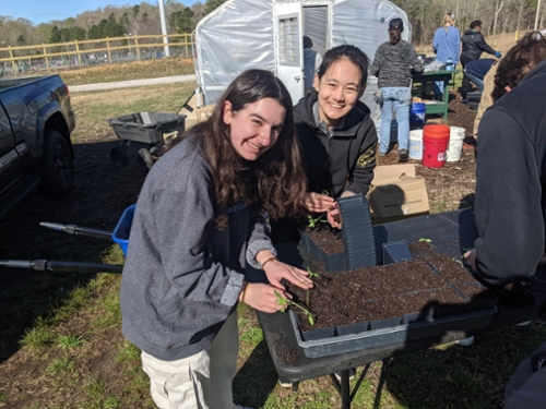 Volunteers gardening and smiling at camera