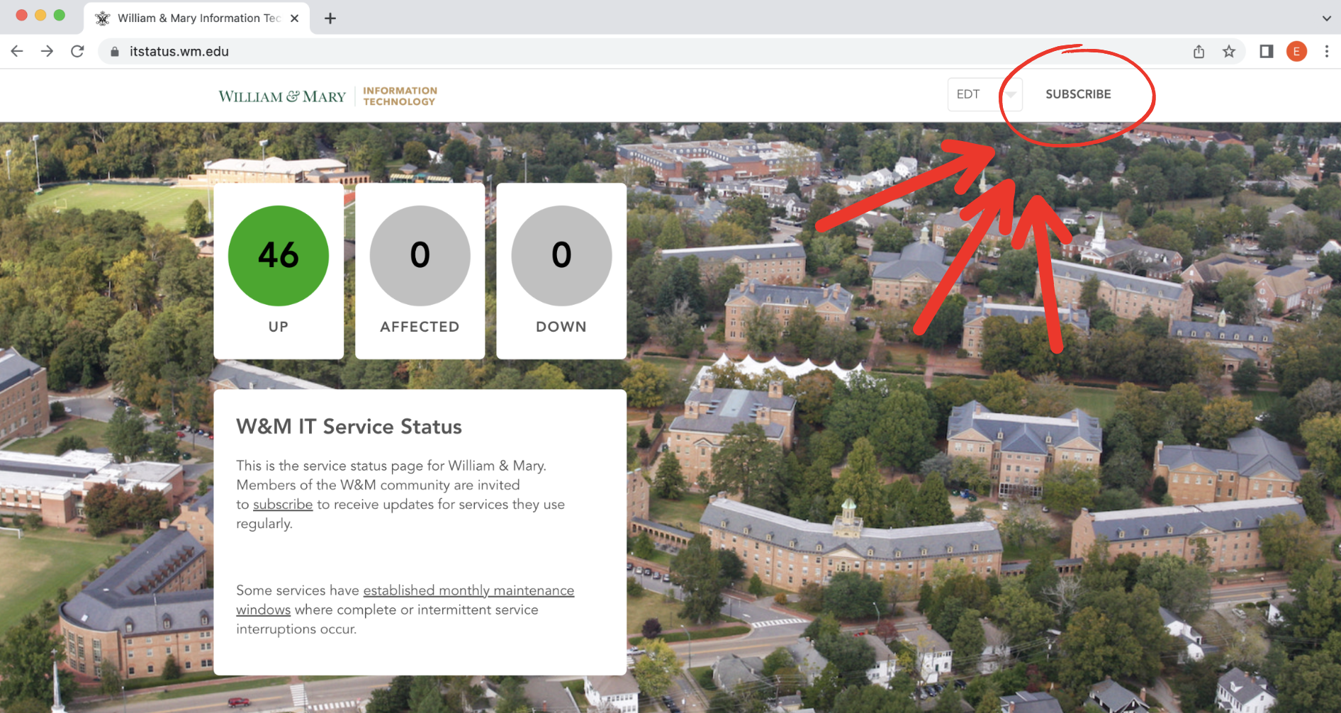 Screenshot of outage page