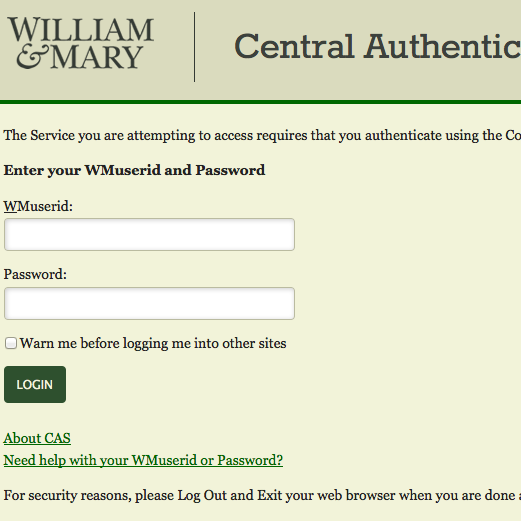 The CAS login page for William & 玛丽.
