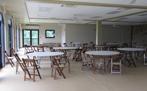 The lower level of the Event Barn where speakers and microphones have been installed.