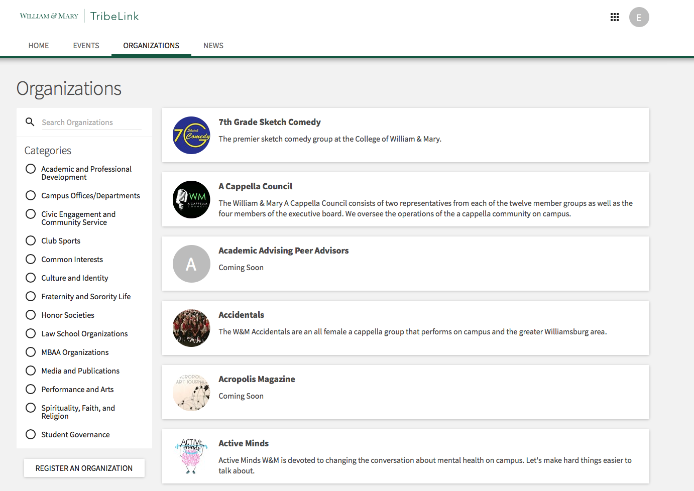 On TribeLink's website you can search through all of W&M's registered student organizations. 
