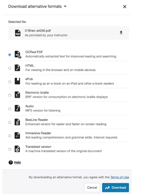 A menu showing alternative download formats for a PDF file, including OCRed PDF, HTML, ePub, braille, audio, and more. OCRed PDF is selected. Download and Cancel buttons are at the bottom.