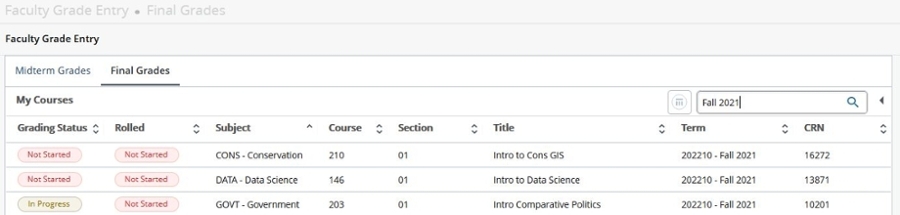 Searching for the Fall 2021 term in Banner 9 Final Grades tab