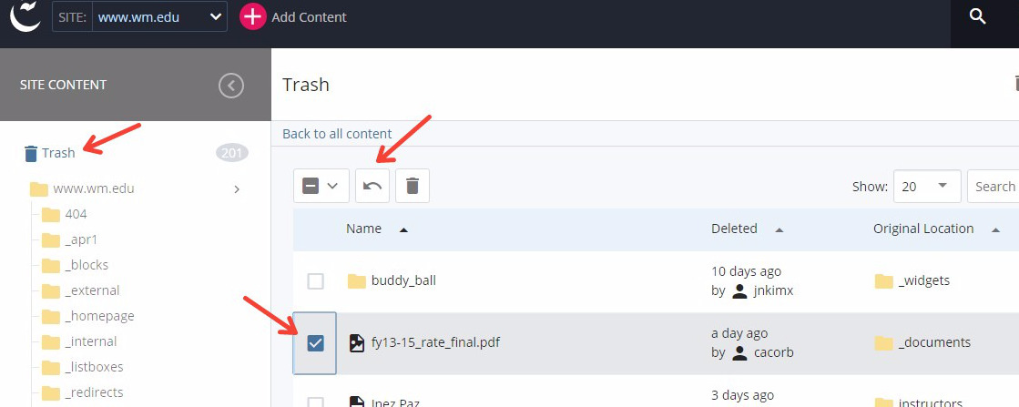 Restore a deleted asset from the Trash Bin