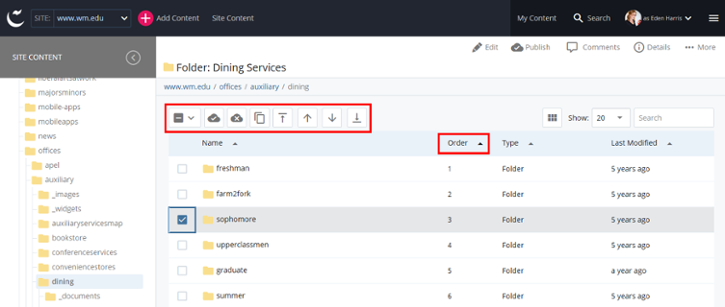 Reorder menu links, announcements, images and features by changing their folder order.