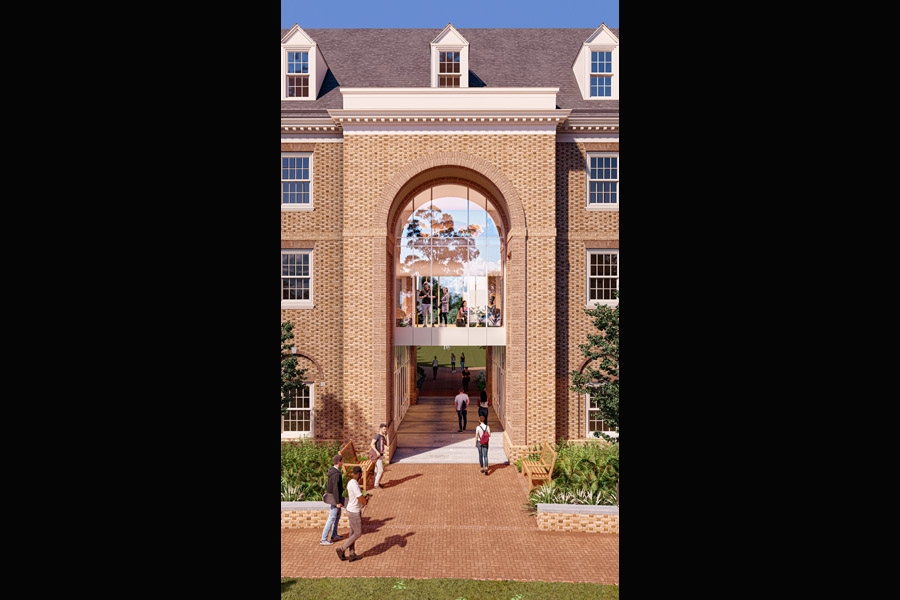 A closer look at the entry to Jamestown East, welcoming students and visitors into the residential courtyard. (Courtesy of VMDO Architects)