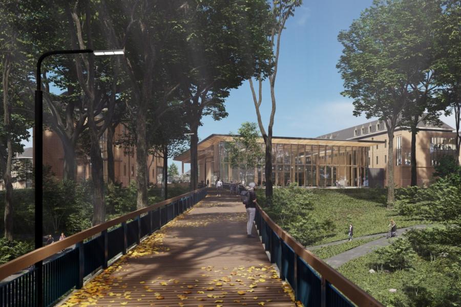 The view approaching the West Woods dining facility is shown on a rendering. (Courtesy of VMDO Architects)