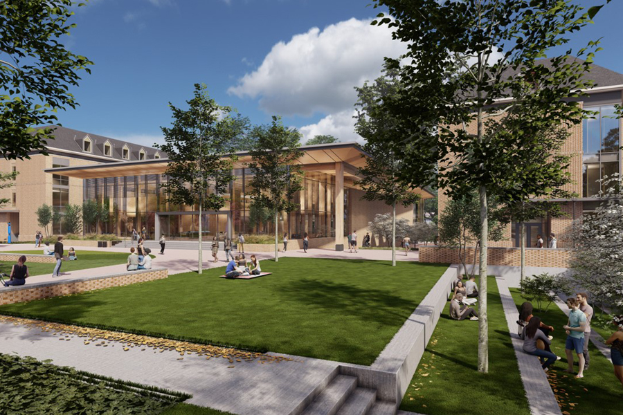 A rendering of the new West Woods dining facility, featuring a glass front, covered walkway and an open courtyard areas. (Courtesy of VMDO Architects)