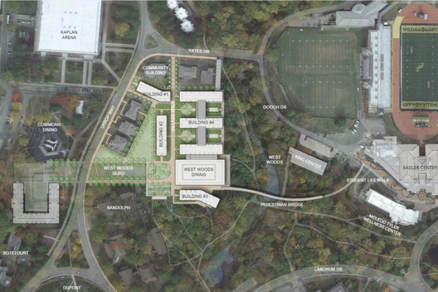 An overhead map shows the locations of the initial phases of the West Woods portion of the Housing & Dining Comprehensive Facilities Plan. (Courtesy of VMDO Architects)