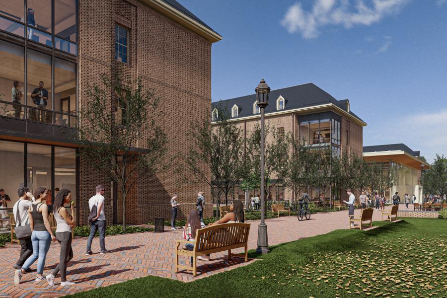 West Woods includes four residential buildings and a dining pavilion. (Courtesy of VMDO Architects)
