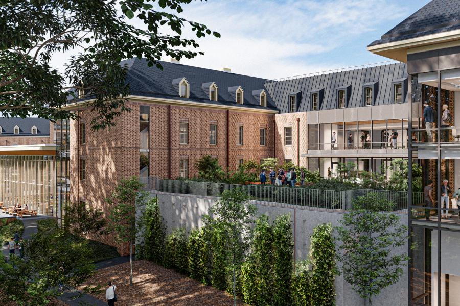 The scale of West Woods maintains a welcoming residential campus experience. Limiting the scale of development to three stories plus an occupied attic retains a neighborhood feel. (Courtesy of VMDO Architects)