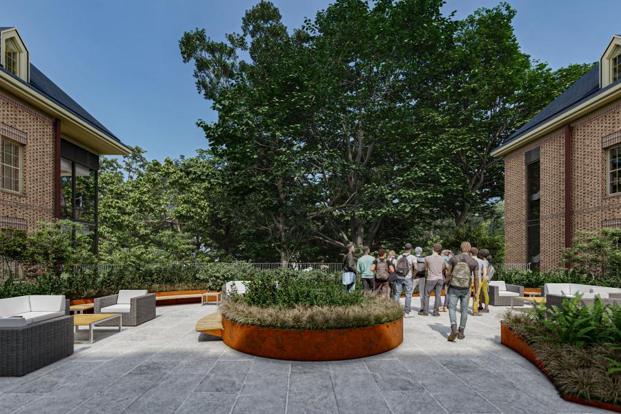 Smaller courtyard spaces and pedestrian pathways at West Woods develop more intimate landscape spaces within the village. (Courtesy of VMDO Architects)