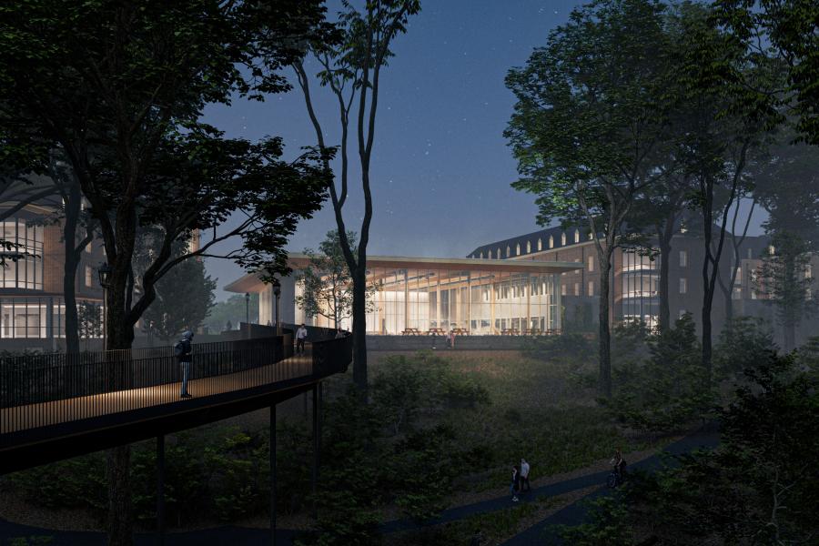 A night rendering of the new West Woods residential and dining village. (Courtesy of VMDO Architects)
