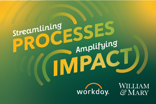 A graphic that reads "Streamlining Processes, Amplifying impact" with the Workday and William & 玛丽 logos