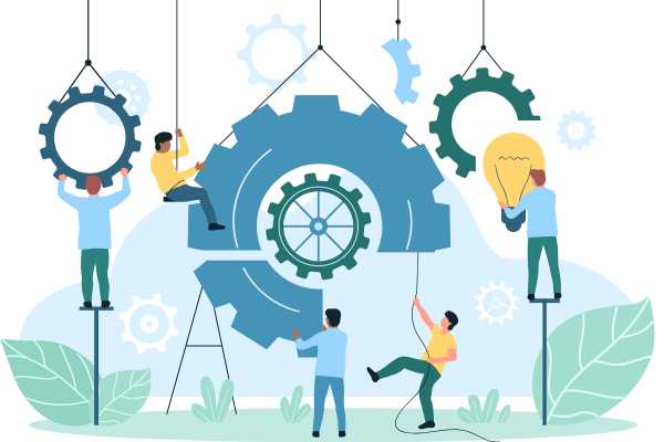 A graphic depicting the work of the Workday integration team. Illustrated team members work with gears and lightbulbs, giving a visual representation of the work done by the integrations team. 
